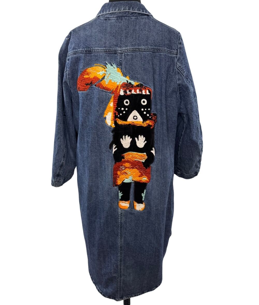 MoveUp Living Elsewhere Blue Long Duster Jacket Denim Embroidered Button Up XS